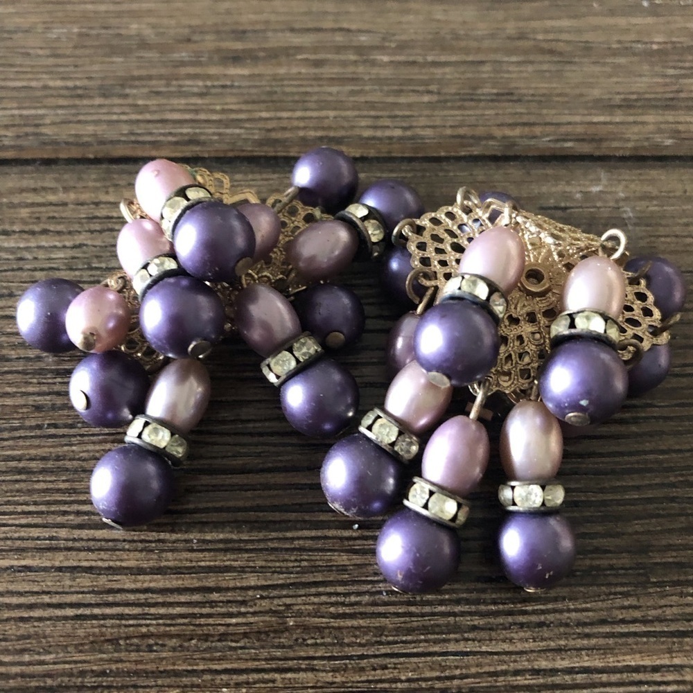 Vintage purple & gold beaded clip on earrings